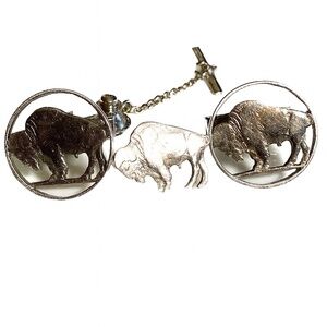 🦬  Vintage Silver 1930s Buffalo Nickel Cufflinks & Tie Pin Hand cut.